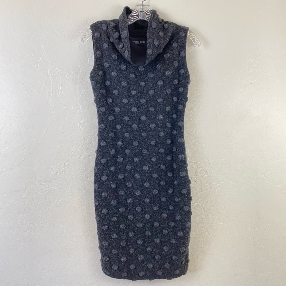 Natalia Romano Size Medium Grey & Black Polka Dot Knitted Turtle Neck Midi Dress